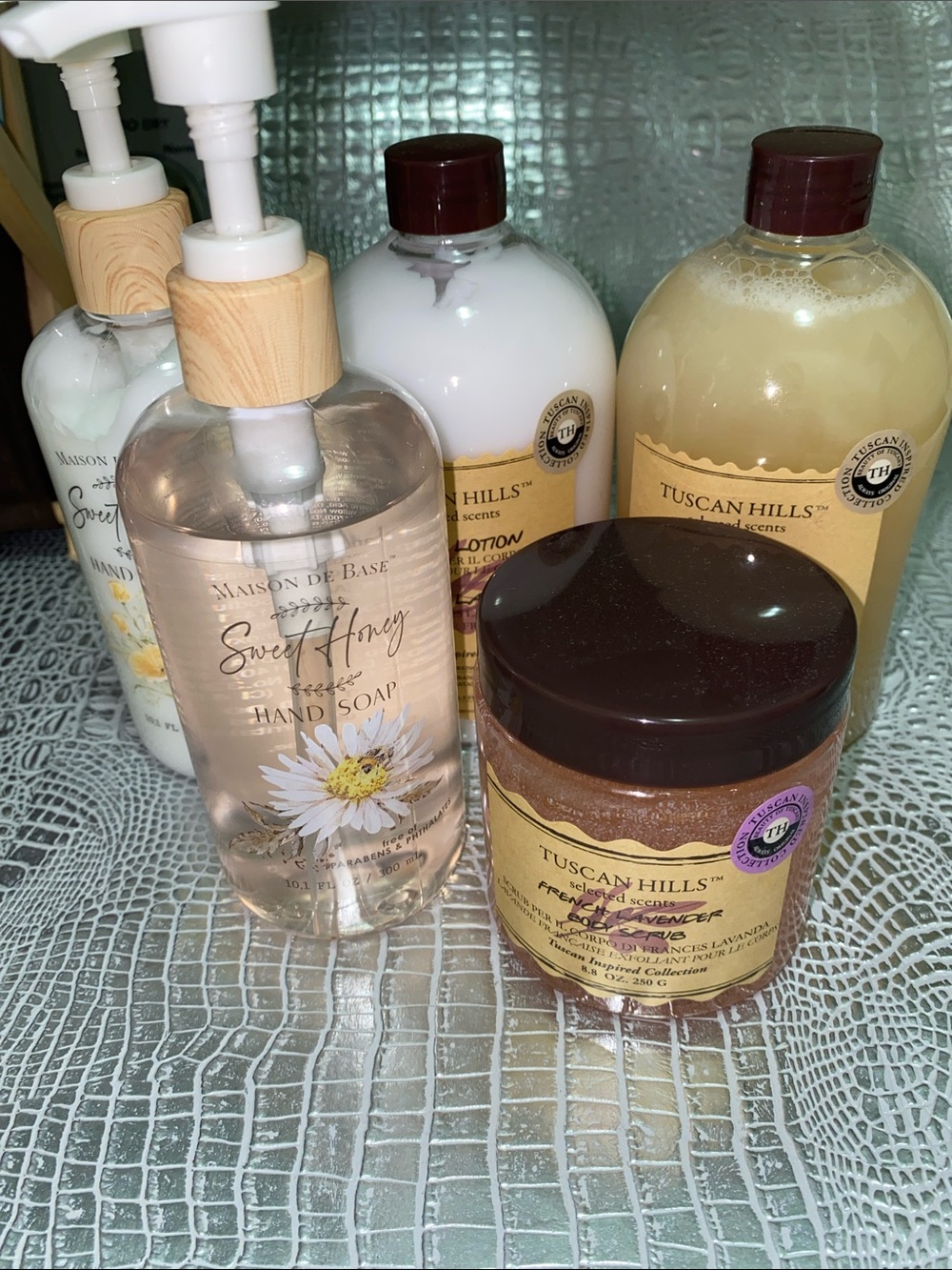Sweet Honey Hand Soap/ lotion   and tuscan hill shower gel,scrub and lotion